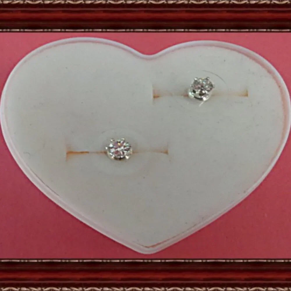Silver Tone Stud Earrings With Clear Crystals & Pink Heart Box